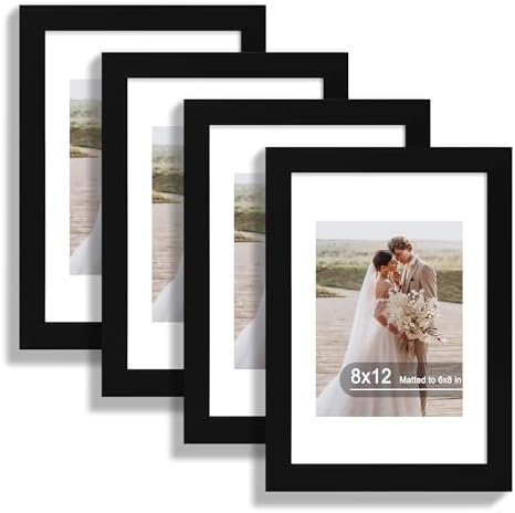 Hongkee 8x12 Picture Frame Set of 4, Made of Real Glass and Black Wooden Frame - Display 6x8 Picture with Mat or 8 x 12Poster Without Mat, 8 by 12 Photo for Wall or Tabletop by Hongkee
