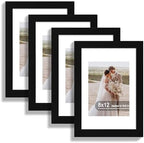 Hongkee 8x12 Picture Frame Set of 4, Made of Real Glass and Black Wooden Frame - Display 6x8 Picture with Mat or 8 x 12Poster Without Mat, 8 by 12 Photo for Wall or Tabletop by Hongkee
