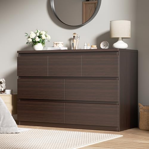 Jocoevol Modern Brown 7 Drawer Dresser for Bedroom, Simply Chest of Drawers, Wood Storage Dresser with Deep Drawers for Living Room Hallway Entryway, Brown by JOCOEVOL