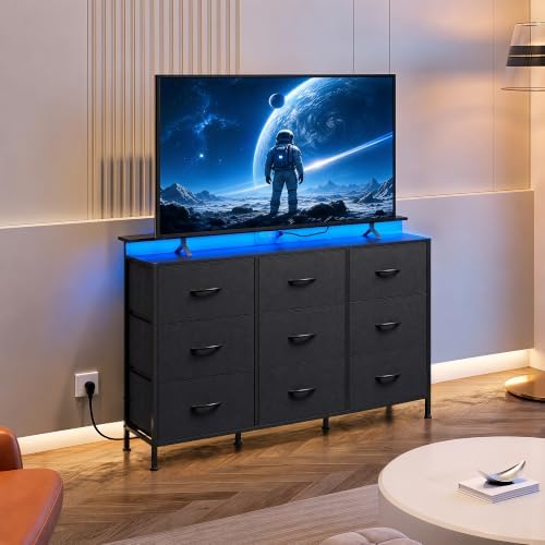 WLIVE Black Dresser TV Stand 9 Drawers, Fabric Chest of Drawers LED Lights - Image 4