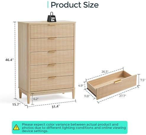 LINSY HOME Fluted 5 Drawers Dresser, 46" Tall Modern Chest of Drawers, Curved Profile Design, Mid Century Wood Dresser with Metal Handle for Bedroom, Living Room, Hallway, Entryway, Oak - Image 3