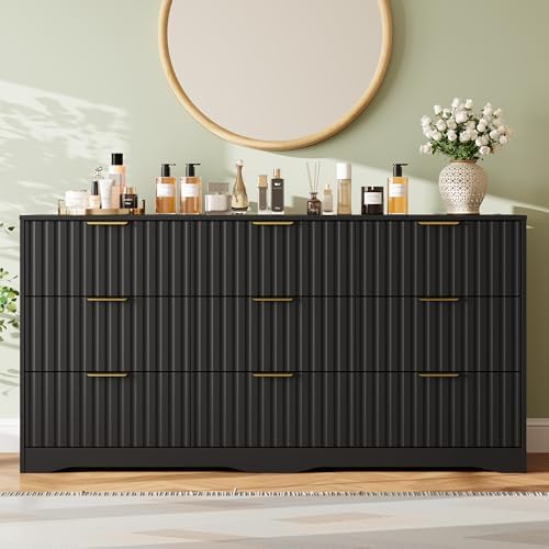 Fluted 9 Drawers Dresser for Bedroom, 63" Wide Wood Dressers, Black - Image 7