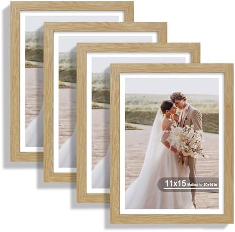 Hongkee 11x15 Picture Frame Set of 4, Made of Real Glass and Natural Oak Frame - Display Picture 10x14 with Mat or 11x15 Without Mat, 11 by 15 Photo for Wall Mounting by Hongkee