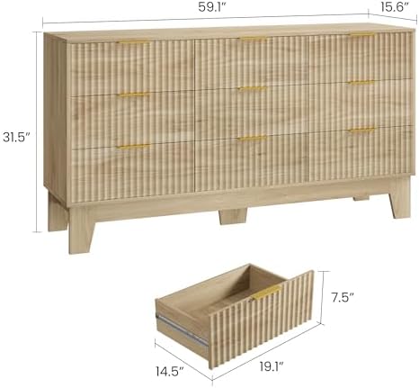 GarveeHome 59" Wide Fluted 9 Drawers Dresser, Oak - Image 2