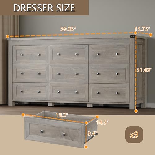 BORNOON 9-Drawer Dresser, Modern Wooden Storage Chest of Drawers, Dresser TV Stand, Wood Drawer Organizer with Metal Handles for Bedroom, Living Room, Hallway - Image 2
