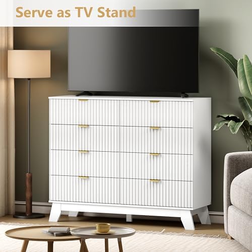 Wodeer 8 Drawer Fluted Dresser for Bedroom, Mid Century Modern Dresser with 8 Drawers, Dressers & Chests of Drawers with Metal Handle, TV Stand & Storage Organizer for Entryway, Hallway, White - Image 3