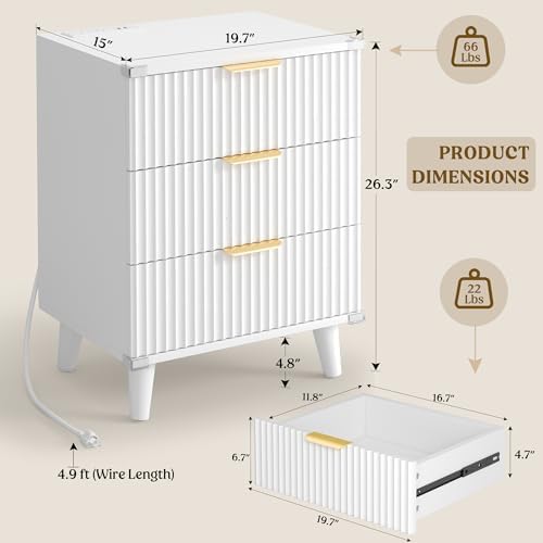 Lulive Dresser and Nightstand Sets 3-Piece, 2 Nightstands + 5-Drawer Dresser Bedroom Sets with Charging Station White - Image 5
