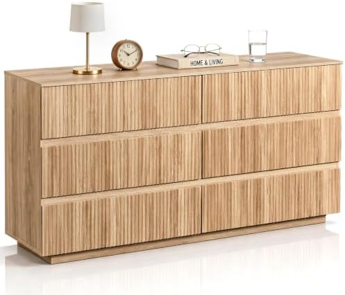 Karl home Natural Oak 6 Drawer Fluted Dresser, Modern Storage Chest by Karlhome