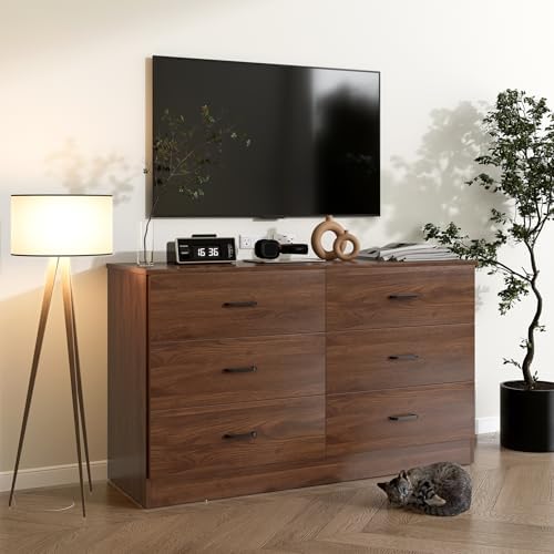 Bigbiglife Wood Dresser for Bedroom, 6 Drawer Double Dresser, Mid Century Modern Chest of Drawers with Deep Drawers, Large Storage Organizer for Living Room, Closet(Walnut Brown) - Image 5