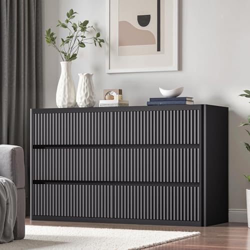 Standifurno Black 6 Drawers Double Dresser, Fluted Dresser for Bedroom, Modern Chest of Drawers with Handleless, Curved Profile Dressers TV Stand, Wood Storage Organizer for Living Room, Hallway - Image 4