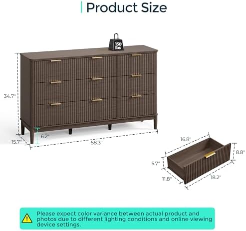 LINSY Fluted Dresser for Bedroom, Mid Century Modern Large Chest of Drawers with Gold Metal Handles, Wide Boho Wood Dressers with Storage, 9 Drawer, Dark Wood - Image 2