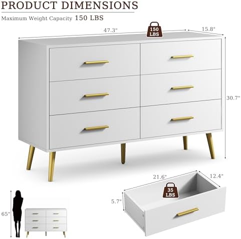 White 6 Drawer Dresser for Bedroom, 47" Wood Dresser with Gold Handles. - Image 2