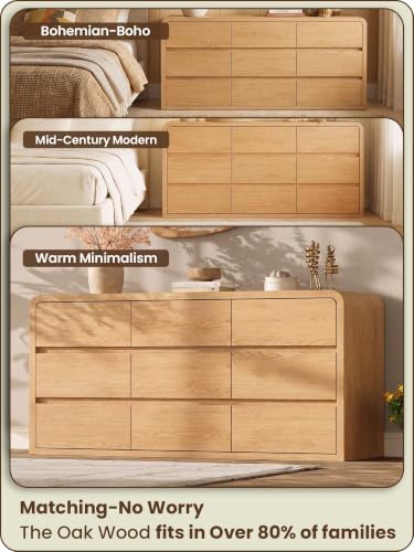 Modern 63" Wide 9 Drawers Dresser with Curved Profile Design,Oak - Image 3