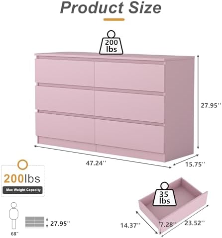 Pink 6 Drawer Dresser for Bedroom, Modern Dresser with Deep Drawer,Wide Storage Chest of Drawers, Bedroom Storage Organizer Furniture for Living Room - Image 3