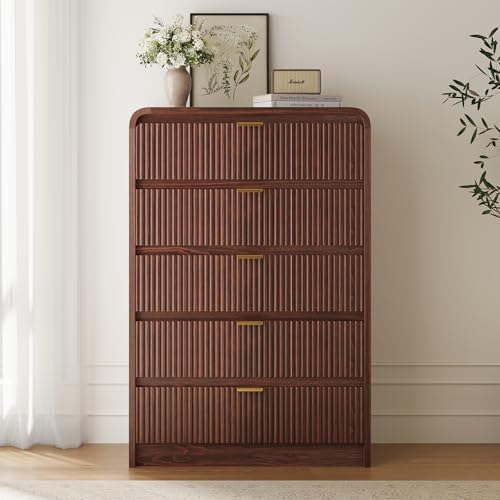 FURSUN Fluted 5 Drawers Dresser for Bedroom, 48" Tall Wooden Modern Dresser with Metal Handle, Curved Profile Design, Storage Organizer for Bedroom, Living Room, Hallway, Dark Walnut by FURSUN
