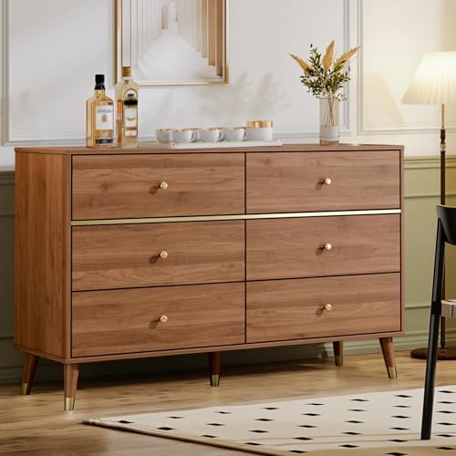 Chrangmay 6 Drawer Dresser,47" Wide Mid Century Chest of Drawers,Wooden Bedroom Drawer Dresser with 6 Storage Drawers for Bedroom,Living Room,with Anti-Tipping Device,Walnut.HT - Image 6