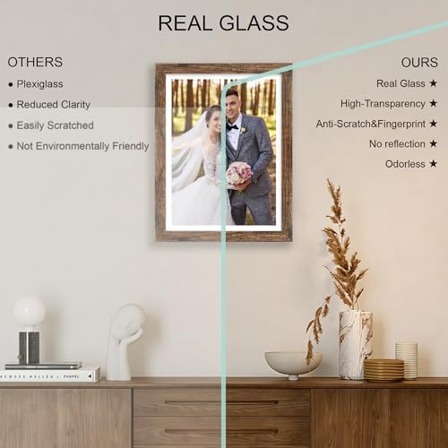 Hongkee 11x15 Picture Frame Set of 4, Made of Real Glass and Rustic Brown Frame - Display Picture 10x14 with Mat or 11x15 Without Mat, 11 by 15 Photo for Wall Mounting - Image 4