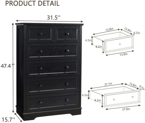 Farmhouse 6 Drawers Dresser Chests for Bedroom, Black 6 Chest of Drawers - Image 2