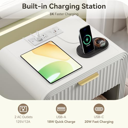 Decofy Fluted 1-Drawer Nightstand Set of 2 with Charging Station, White - Image 4