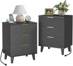 3 Drawers Nightstands Set of 2 w/Charging Station, Modern Fluted Dresser by Lulive