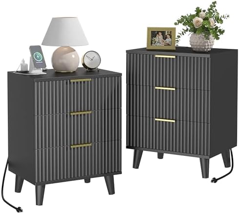 3 Drawers Nightstands Set of 2 w/Charging Station, Modern Fluted Dresser by Lulive