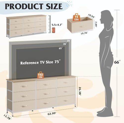 WLIVE Dresser TV Stand for 75 Inch TV, 9 Drawer Dresser for Bedroom - Image 3