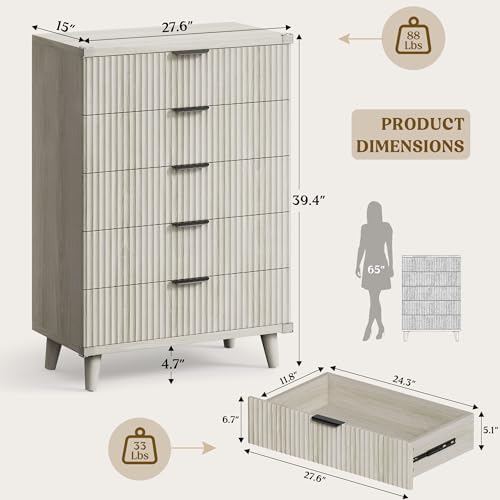 Wood Tall 5 Drawers Dresser, 27.6" W Fluted Modern Dressers for Bedroom - Image 2