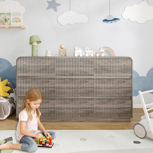 BORNOON Dresser for Bedroom with 9 Drawers, Fluted Chest of Drawers with Round Curved Corner, Hidden Handles, Modern Wood Storage Organizer for Bedroom, Nursery, Living Room - Image 7