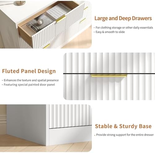 White Dresser with 8 Drawer 55" Wide Fluted Dresser for Bedroom丨Double Drawer Dresser Modern Chest of Drawers with Gold Handle, Wood TV Stand for Bedroom, Living Room, Entryway, White - Image 4