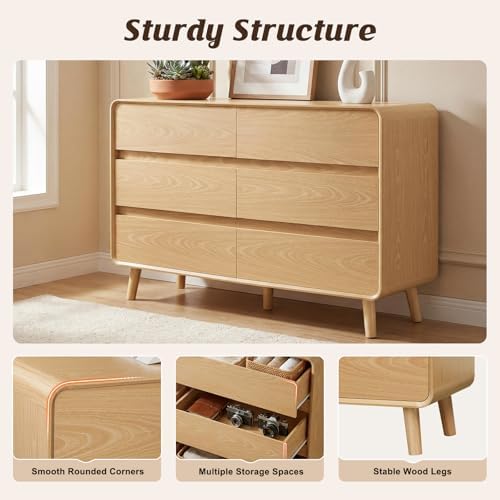 Nasonet 6 Drawer Dresser for Bedroom, 47'' Wide Mid Century Modern Dressers & Chests of Drawers, Wood Storage Drawer Dressers for Hallway, Home Office, Oak - Image 4