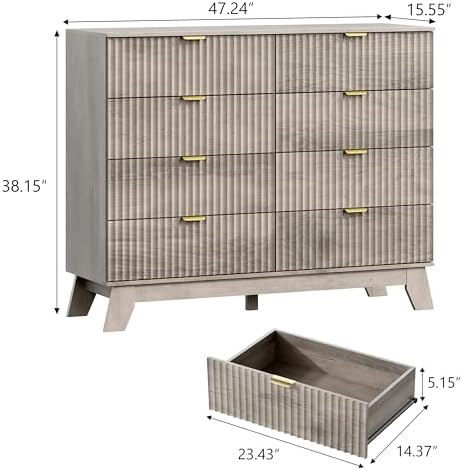 Wodeer 8 Drawer Fluted Dresser for Bedroom, Mid Century Modern Wooden Dresser with 8 Drawers, Dressers & Chests of Drawers with Metal Handle, TV Stand & Storage Organizer for Entryway, Hallway, Grey - Image 2