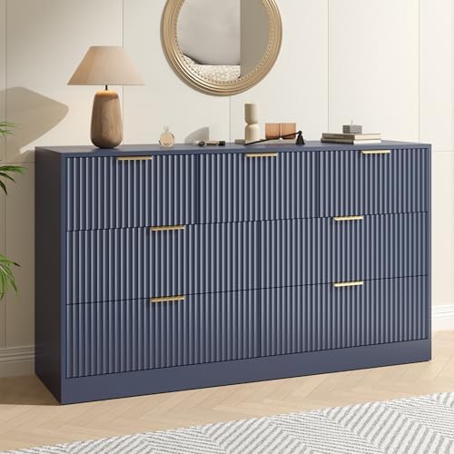 Blue Dresser with 7 Drawer 55" Wide Fluted Dresser for Bedroom丨Modern Chest of Drawer with Metal Handles, Wood TV Stand for Bedroom, Living Room, Entryway, Hallway, Blue by NOVAMAISON
