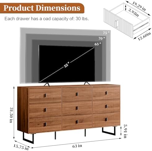 Chrangmay Modern Chest of Drawers with 9 Drawers,Deep Drawers,Clothes Organizer,Large Storage Cabinet for Living Room, Bedroom,Hallway,with Anti-Tipping Device, Caramel - Image 2