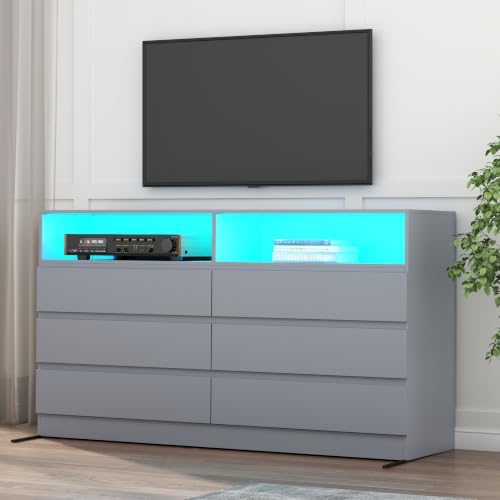 Gyfimoie Grey 6-Drawer Dresser for Bedroom w/Power Outlet and LED Light - Image 5