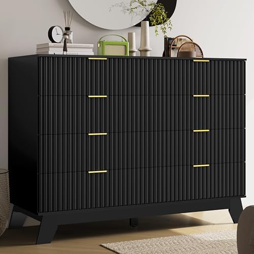 HUANLEGO 48" W Tall Fluted Dresser for Bedroom with 8 Drawer, Black by HUANLEGO