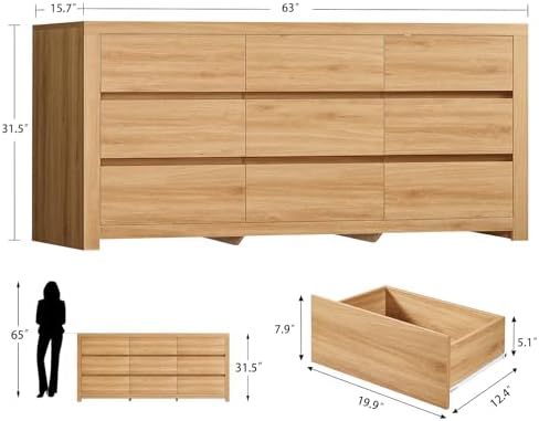 TEENFON 63" Dresser for Bedroom with 9 Drawers, Modern Dressers & Chests of Drawers with Thicker Panels, Wooden Dresser TV Stand, Bedroom Dressers, for Bedroom, Hallway, Natural - Image 3