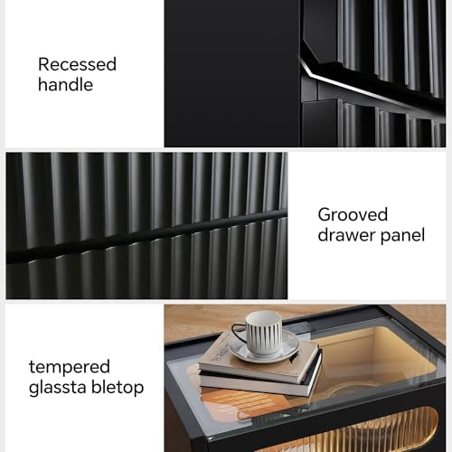 Modern Nightstand with Charging Station,Fluted 3 Drawers Bedside,Black - Image 6