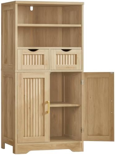 Iwell Tall Storage Cabinet, Fluted Cabinet with 2 Drawers & Adjustable Shelf, Bathroom Storage Cabinet, Kitchen Pantry Storage Cabinet, for Living Room, Dining Room, Home Office, Natural Oak by IWELL