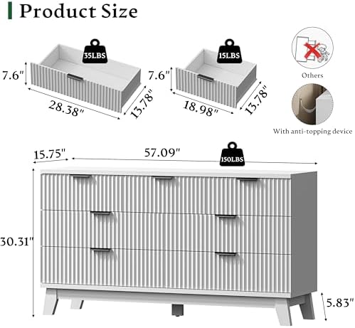 Xixini Fluted Dresser with 7 Drawers, 58" Wide Modern Chest of Drawers with Metal Handle, Wooden Dresser TV Stand, Wood Closet Clothes Storage Organizer for Bedroom, Living Room, Hallway, Solid White - Image 2