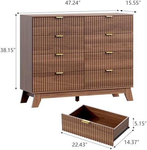 Wodeer 8 Drawer Fluted Dresser for Bedroom, Mid Century Modern Wooden Dresser with 8 Drawers, Dressers & Chests of Drawers with Metal Handle, TV Stand & Storage Organizer for Entryway, Hallway, Walnut - Image 2