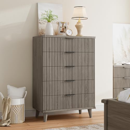 Wood Tall 5 Drawers Dresser, 27.6" W Fluted Modern Dressers for Bedroom - Image 4