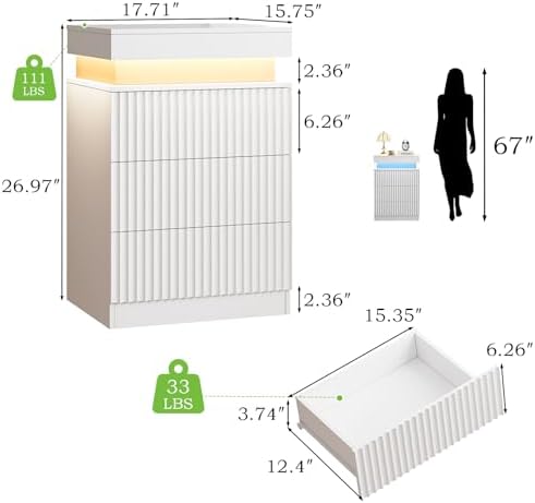 Fluted LED Night Stand with Charging Station, White - Image 2