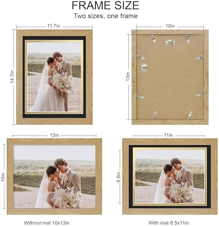 Hongkee 10x13 Picture Frame Set of 4, Made of Real Glass and Natural Oak Frame, 10 by 13 Photo for Wall or Tabletop - Display Picture 8.5x10 with Mat or 10x13 Without Mat - Image 2
