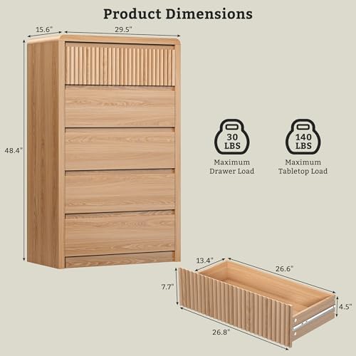 LYNSOM Oak Fluted 5 Drawer Dresser for Bedroom, Curved Edge, 48" Tall - Image 2