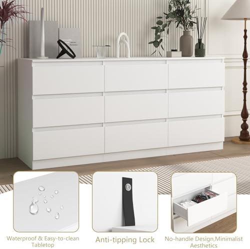 VERYKE White 9 Drawer Dresser for Bedroom,Chest of Drawers with No-Handle Design for Closet,Modern Wood Dresser Bedroom Storage Furniture - Image 5