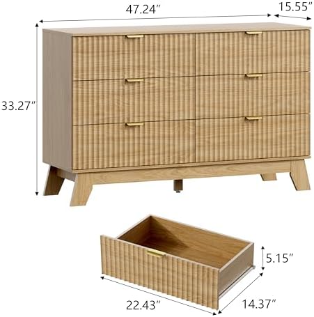 Wodeer 6 Drawer Fluted Dresser for Bedroom, Mid Century Modern Wooden Dresser with 6 Drawers, Dressers & Chests of Drawers with Metal Handle, TV Stand & Storage Organizer for Entryway, Hallway, Oak - Image 2