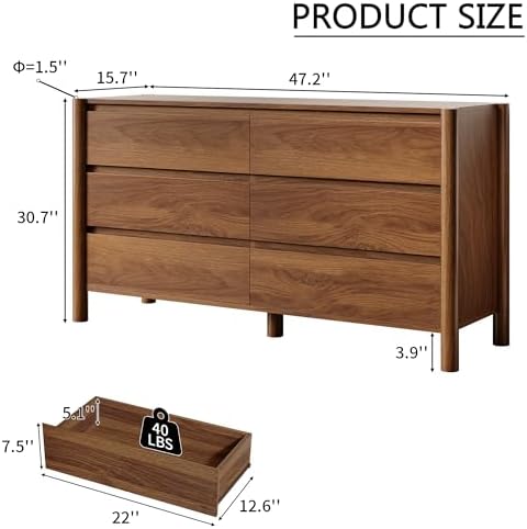 HOUROM Walnut Dresser for Bedroom,47"Wide 6 Drawer Mid Century Modern Chest - Image 2