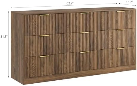 9 Drawer Fluted Dresser for Bedroom with Deep Drawers, Walnut丨63 Wide Wood Dresser, Large Chest of Drawers, Modern Long TV Stand, Storage Cabinet Side Table for Living Room, Hallway - Image 2