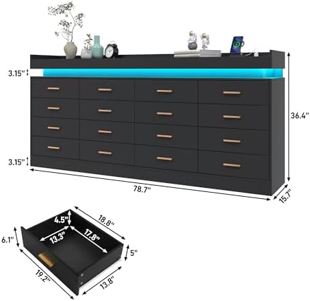 Hlivelood 16 Drawer Dresser with LED Light and Charging Station, Modern Chest of Drawers for Closet, Wide Drawer Organizer Cabinet, Living Room, Entryway, Hallway, Black - Image 2