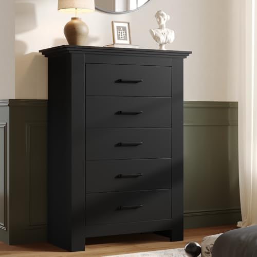 5 Drawer Dresser for Bedroom, Wood Dresser Chests of Drawers with Metal Handle, 47" Tall Vintage Design Storage Dressers for Bedroom, Cabinet Organizer Drawers for Hallway, Entryway, Closet, Black by KNOWORLD